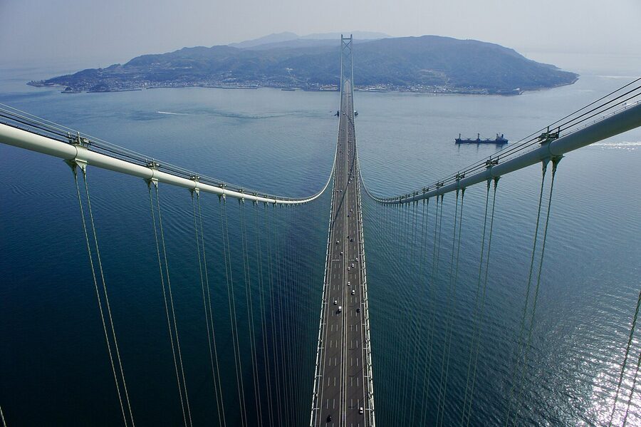 Aerial view of Awaji Island from the Akashi Bridge maintenance walkway
