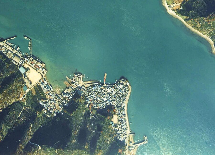Aerial view of Mitarai Edo-period port district on Osaki-Shimojima, designated preservation zone