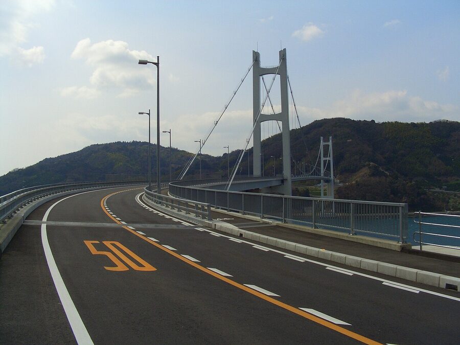 Toyoshima suspension bridge crossing between Kami-Kamagari and Toyoshima island, the highest point on the Tobishima Kaido