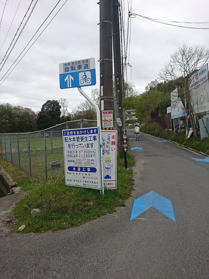 The Keinawa Cycling Road blue chevron line painted on the tarmac