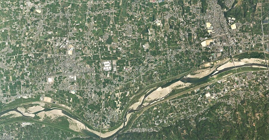 Aerial view of the Kinokawa river valley in northern Kinokawa city