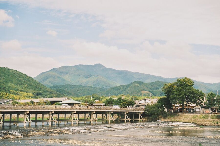 The Togetsukyo Bridge in Arashiyama at sunset