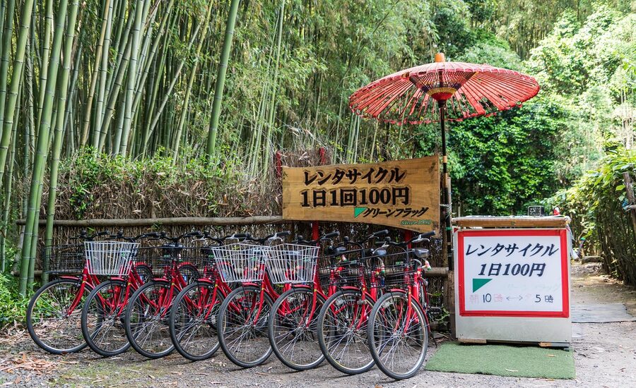 Bicycle rental shop with bikes parked outside in Arashiyama, Kyoto