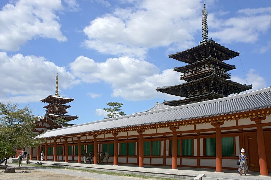 Yakushiji temple's east pagoda in Nara, viewed from across the temple grounds