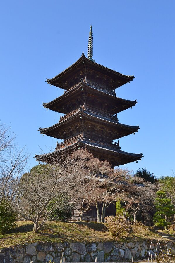 The five-storey pagoda at Bitchu Kokubunji rising over rice fields