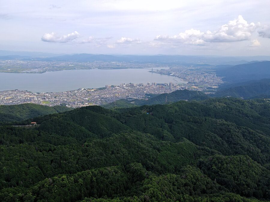 Drone view of Otsu city and southern Lake Biwa
