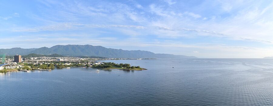 Wide panorama across Lake Biwa from the eastern shore