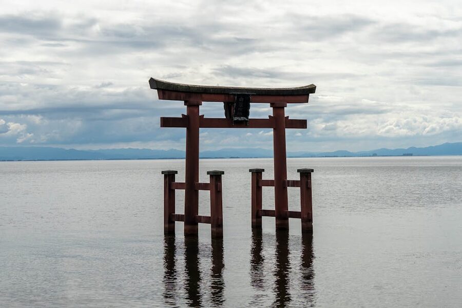 Shirahige torii in calm Lake Biwa water