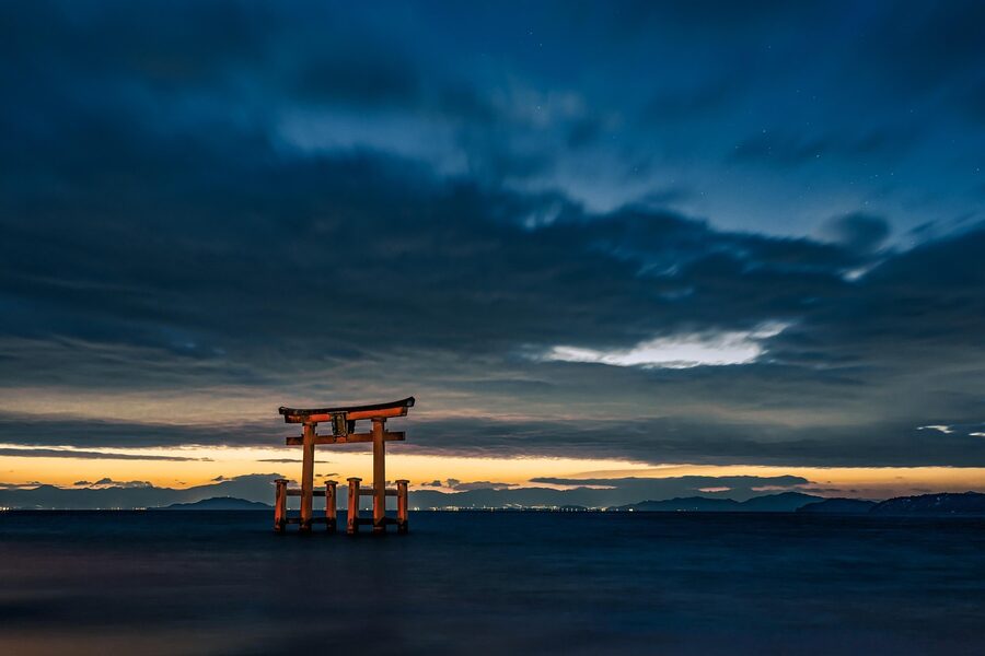 Shirahige torii at sunrise twilight