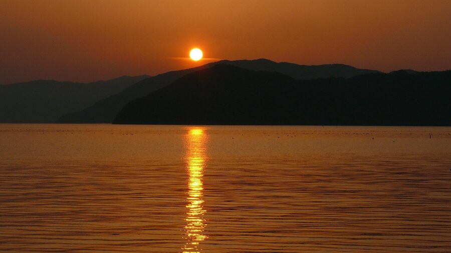 Lake Biwa at sunset with calm water