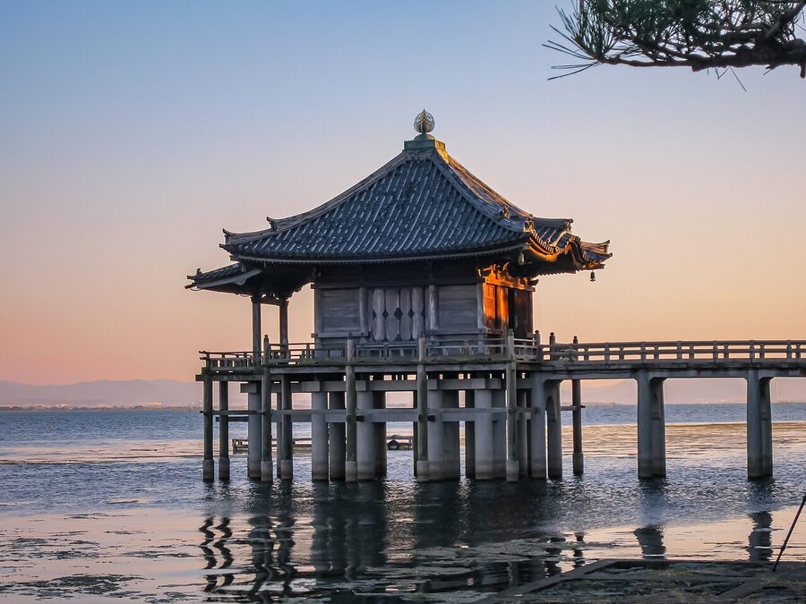 Ukimido at sunset over Lake Biwa