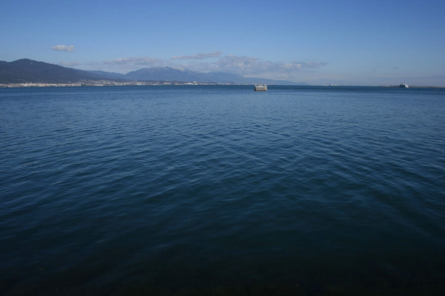 Frozen Lake Biwa shoreline in winter