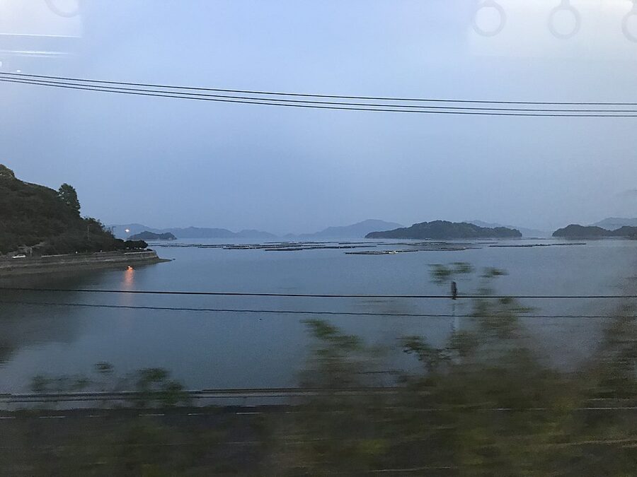 Mitsuguchi Bay seen from the Kure Line, with islands in the Seto Inland Sea