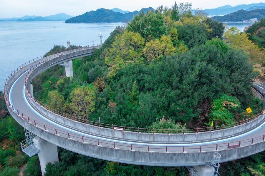 Aerial view of a winding road on the Shimanami Kaido near Onomichi