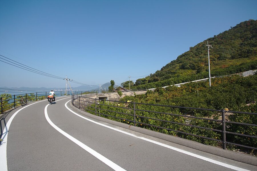 The cycling approach winding up to Tatara Bridge