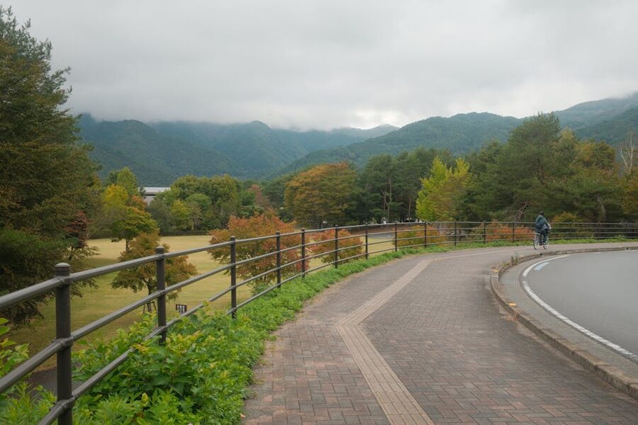 A cyclist on a path in Fujikawaguchiko in autumn