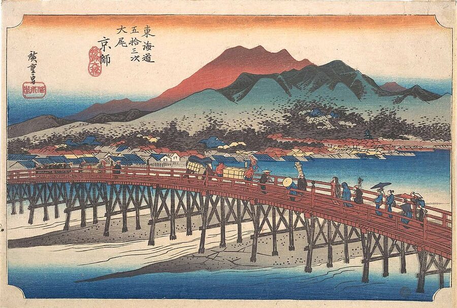 Hiroshige's woodblock print of Sanjo Ohashi, the Tokaido's western terminus