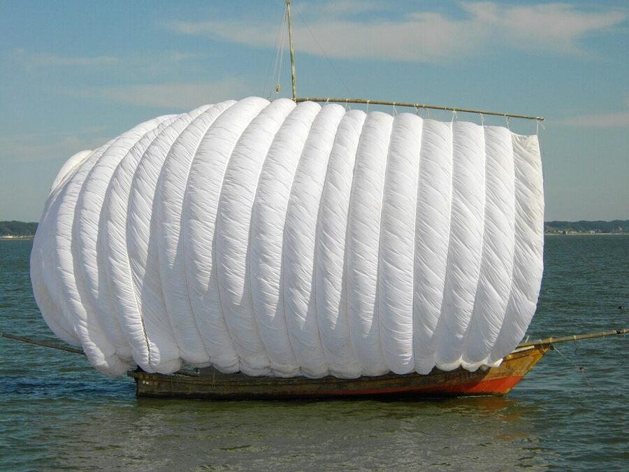 A traditional hobikibune sail-fishing boat on Lake Kasumigaura